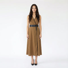 Sleeveless V-Neck Wrap Midi Dress with Belt