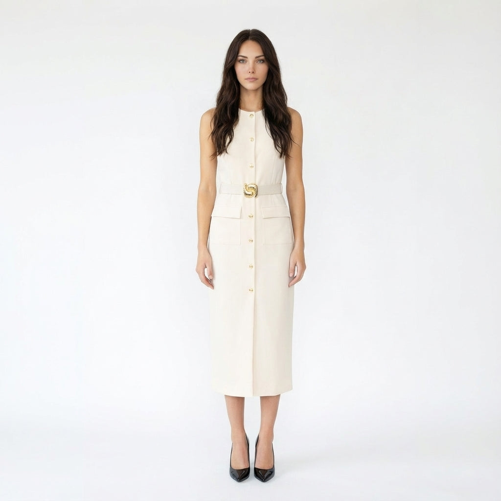 Sleeveless Button-Front Sheath Dress with Belt