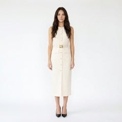 Sleeveless Button-Front Sheath Dress with Belt