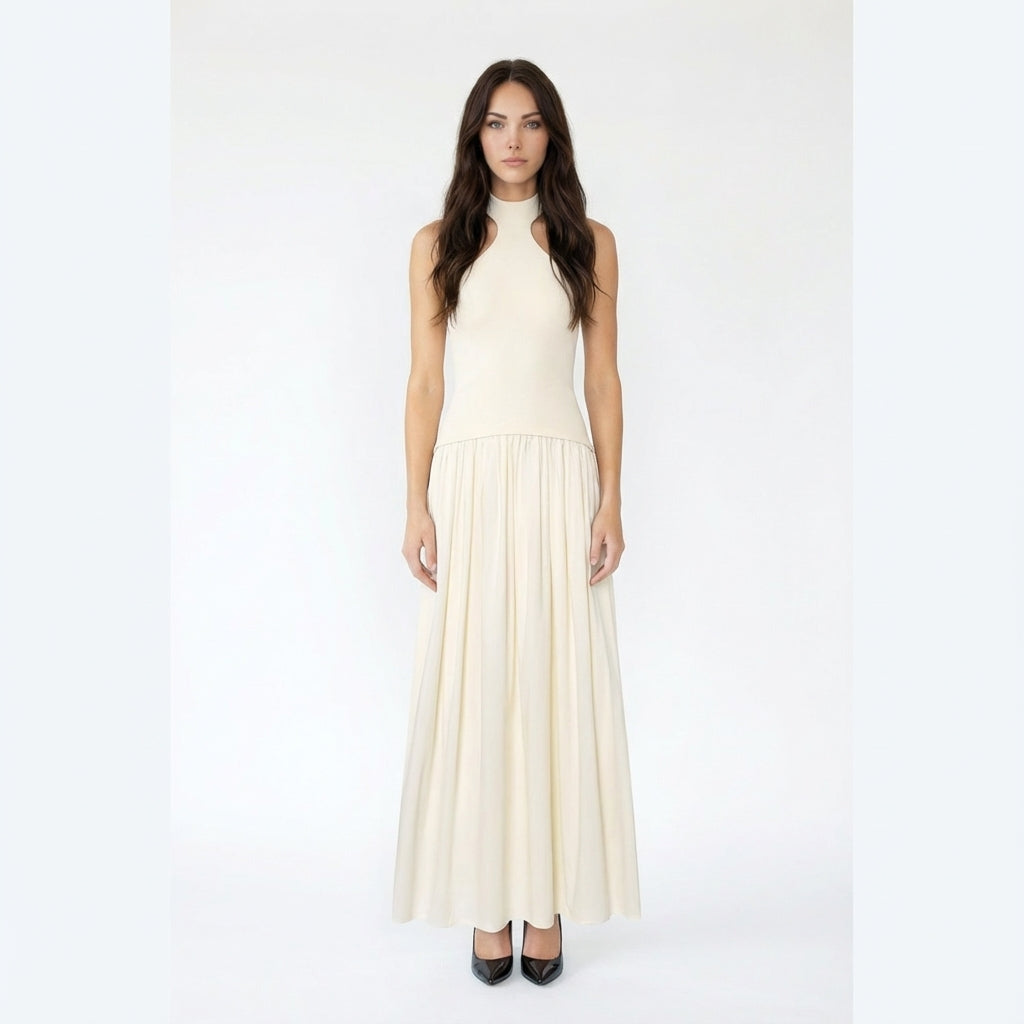 Sleeveless High-Neck Pleated Hem Long Dress