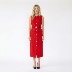 Sleeveless Button-Front Sheath Dress with Belt