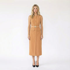 Sleeveless Button-Front Sheath Dress with Belt