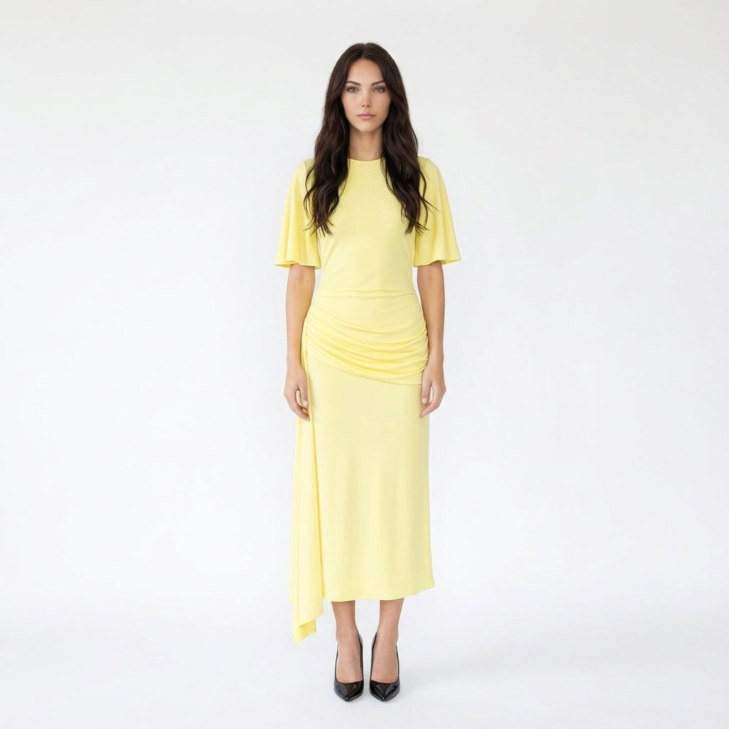 Elegant Mid-Sleeve Gathered Detail Gown