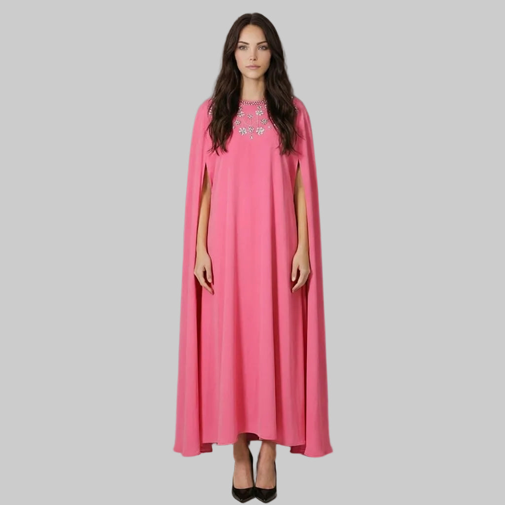 Crystal Embellished Neckline Cape Maxi Dress