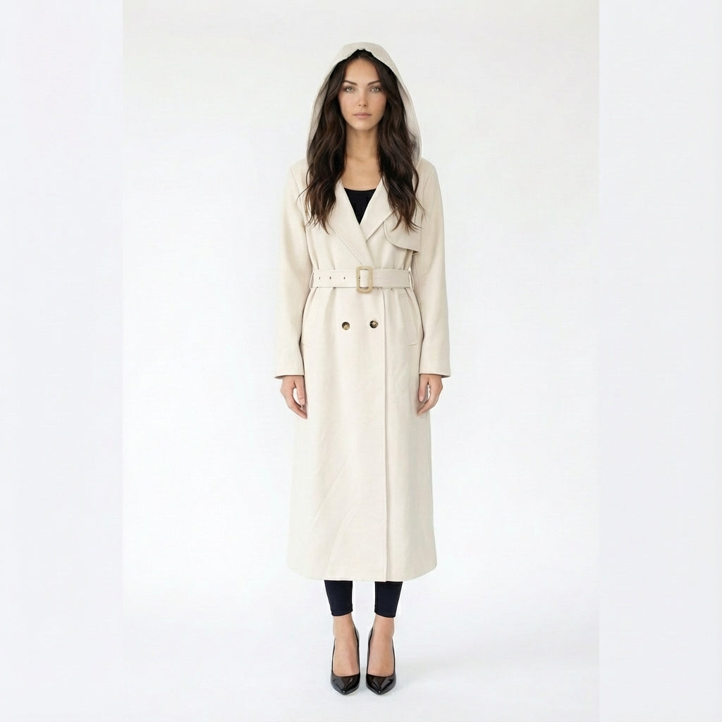 Hooded Double-Breasted Long Trench Coat with Belt