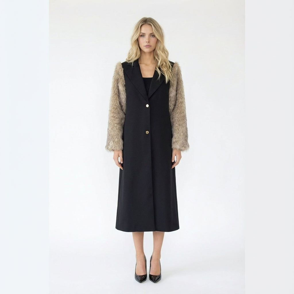 Contrast Faux Fur Sleeve Long Coat