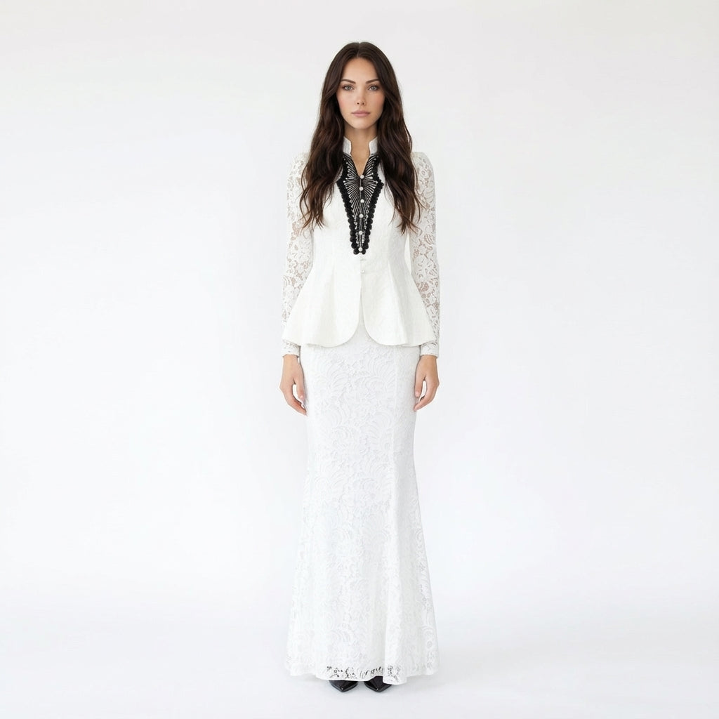 Two-Piece Floral Lace Peplum Jacket and Mermaid Maxi Skirt Set