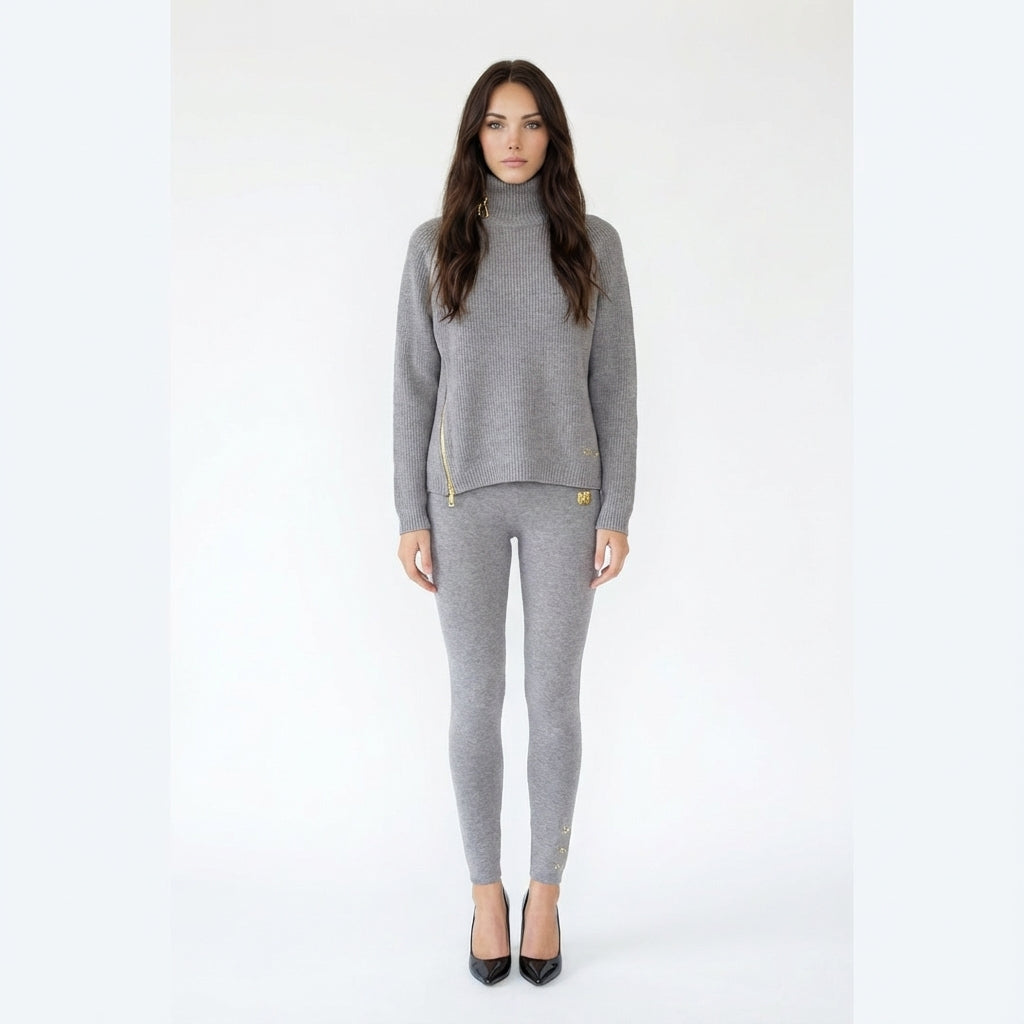 Asymmetric Zip Mock Neck Sweater and Leggings Knit Set