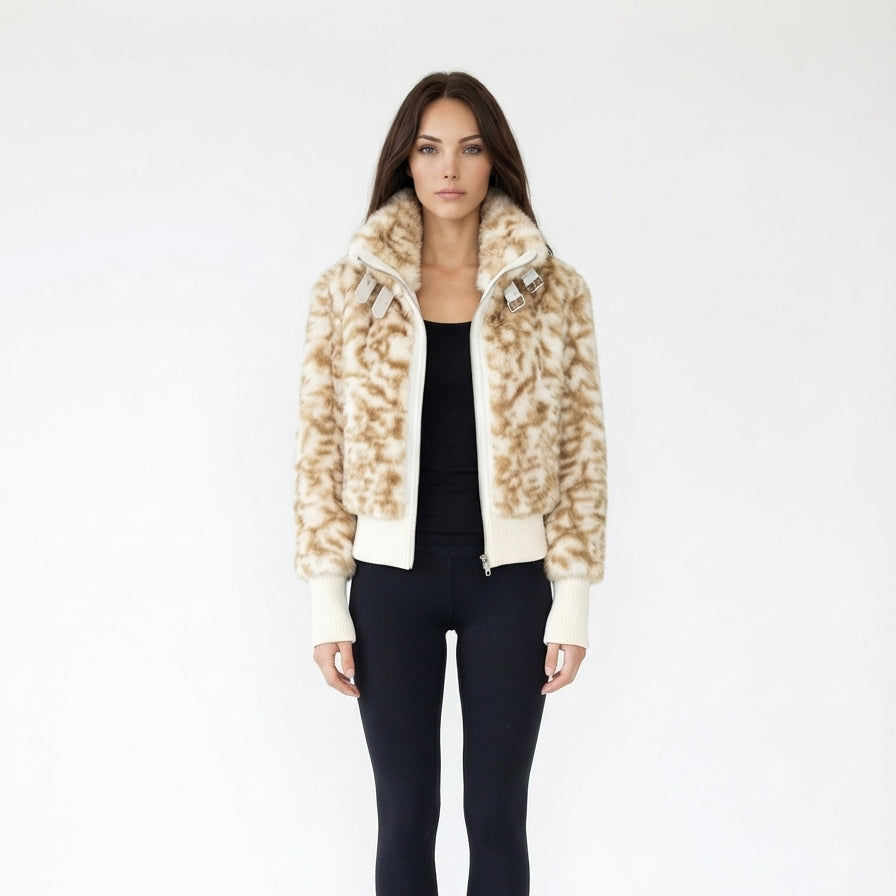 Leopard Print Faux Fur Bomber Jacket with Buckled Collar