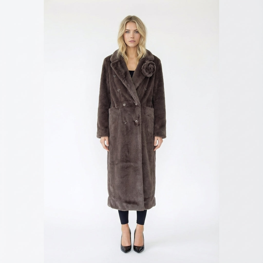 Double-Breasted Faux Fur Coat with Floral Pin Detail