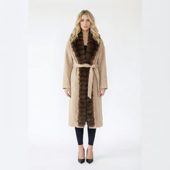 Long Belted Coat with Contrast Faux Fur Trim