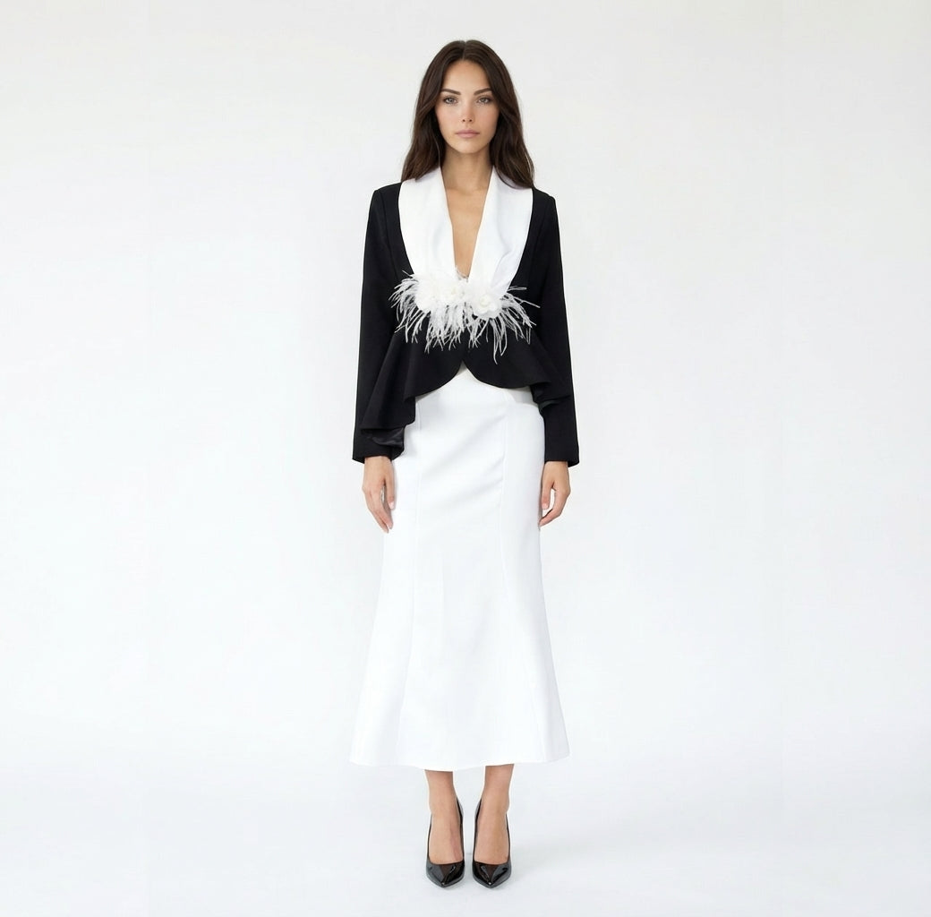 Peplum Jacket and Mermaid Gown Set with Feather Detail