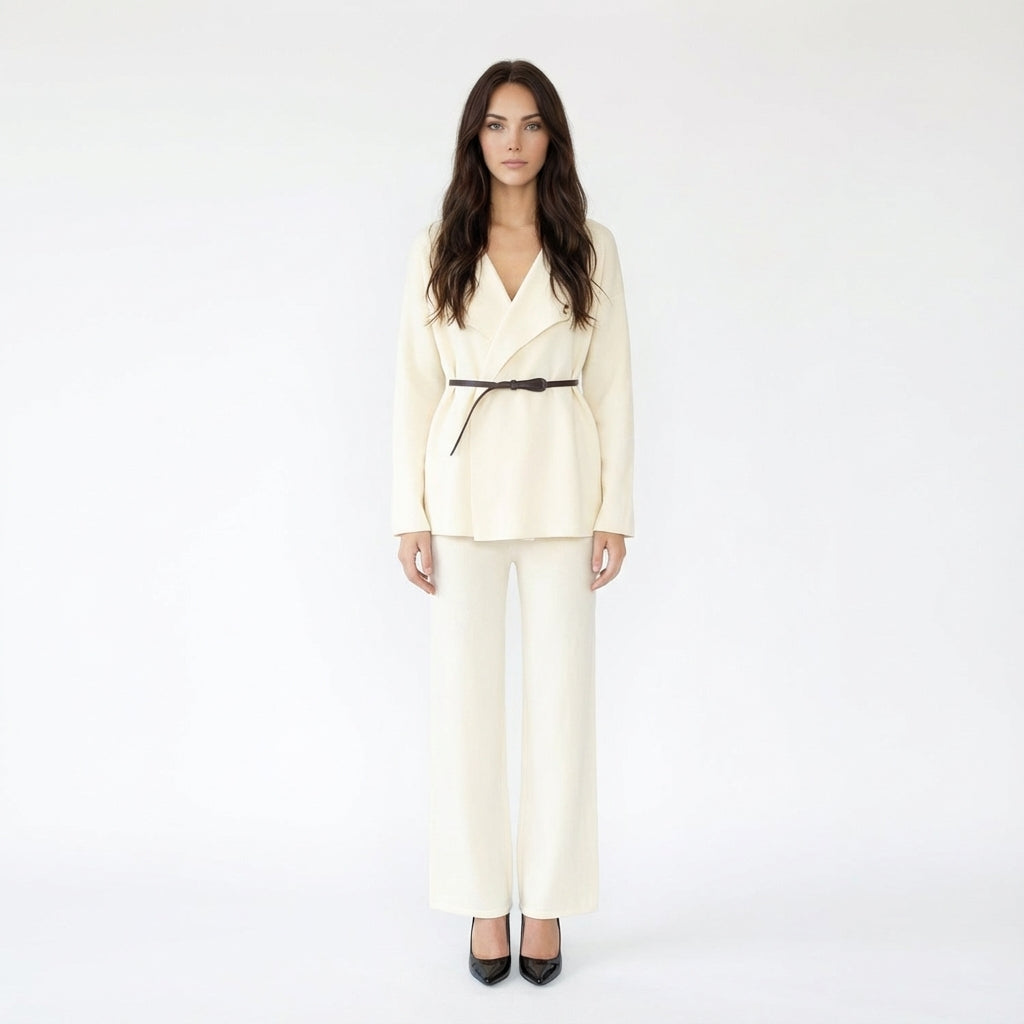 Belted Knit Cardigan and Wide-Leg Trousers Two-Piece Set