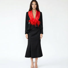 Peplum Jacket and Mermaid Gown Set with Feather Detail