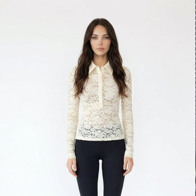 Long Sleeve Sheer Floral Lace Polo Shirt