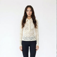 Long Sleeve Sheer Floral Lace Polo Shirt