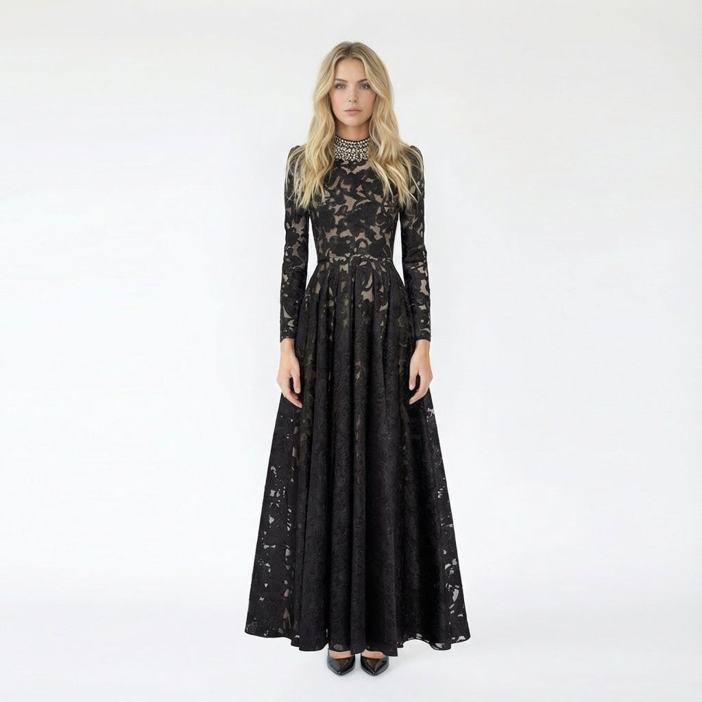 Jeweled High-Neck Floral Lace A-Line Gown