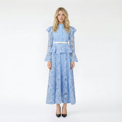 Lace Peplum Maxi Dress with Belted Waist and Ruffle Sleeves