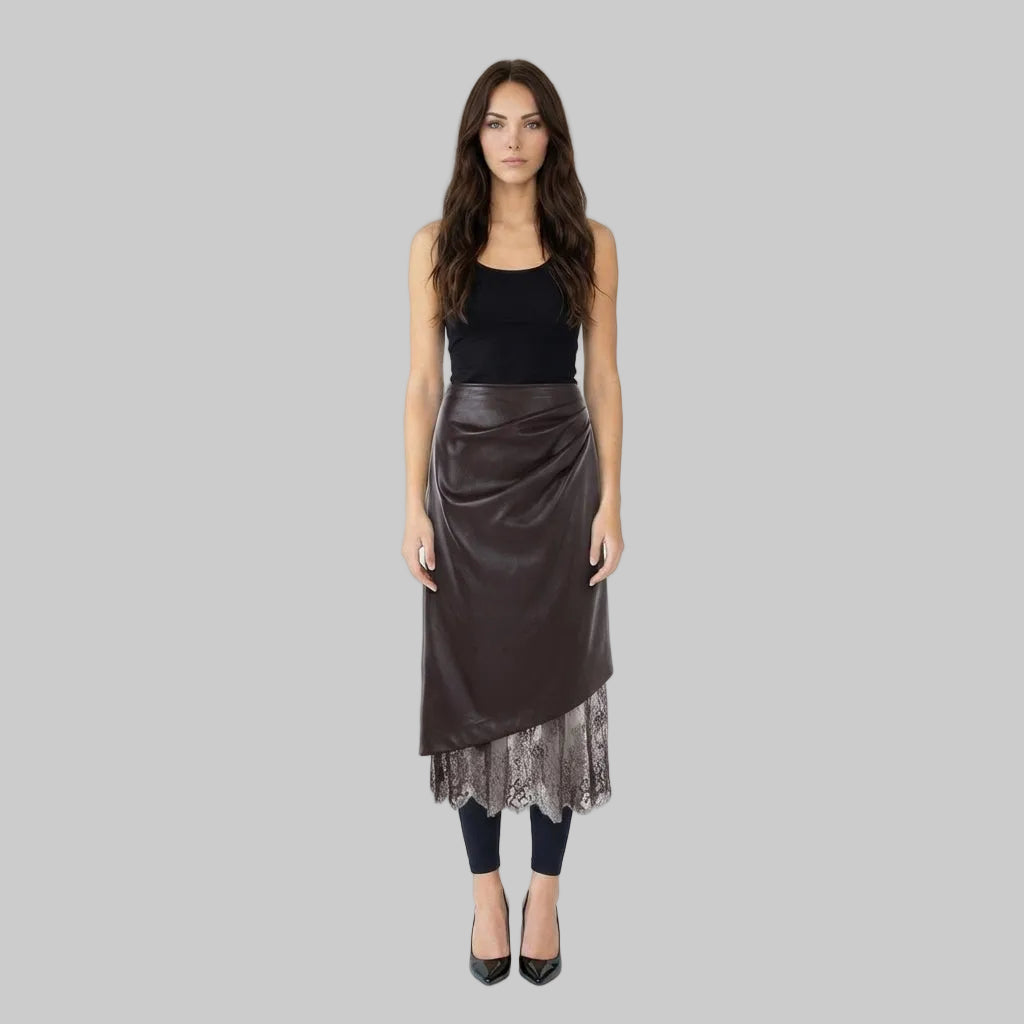 Asymmetric Faux Leather Skirt with Lace Trim Detail