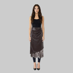 Asymmetric Faux Leather Skirt with Lace Trim Detail