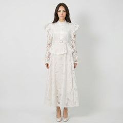 Lace Peplum Maxi Dress with Belted Waist and Ruffle Sleeves