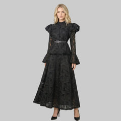 Lace Peplum Maxi Dress with Belted Waist and Ruffle Sleeves