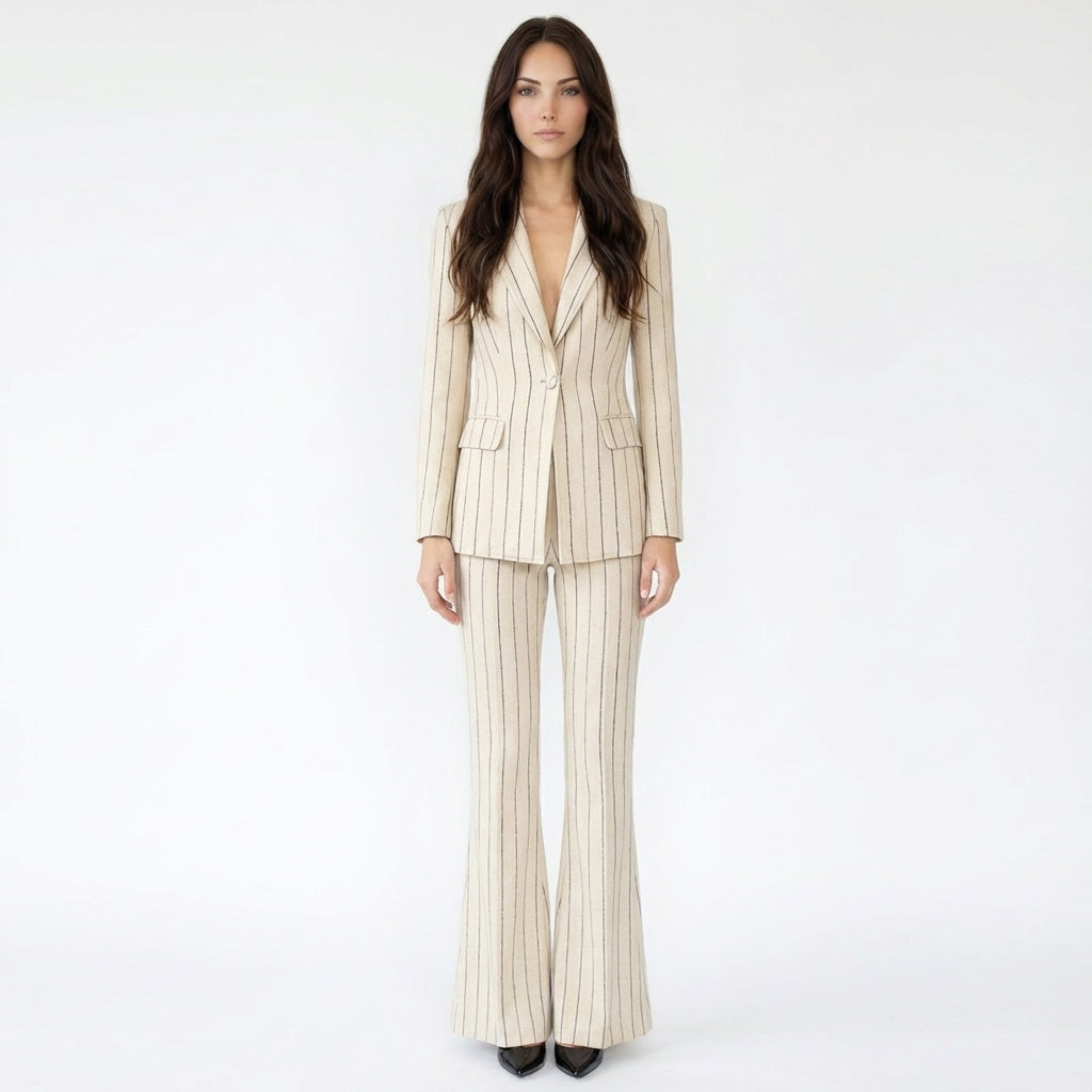 Tailored Vertical Pinstripe Blazer and Wide-Leg Trousers Set