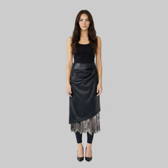 Asymmetric Faux Leather Skirt with Lace Trim Detail