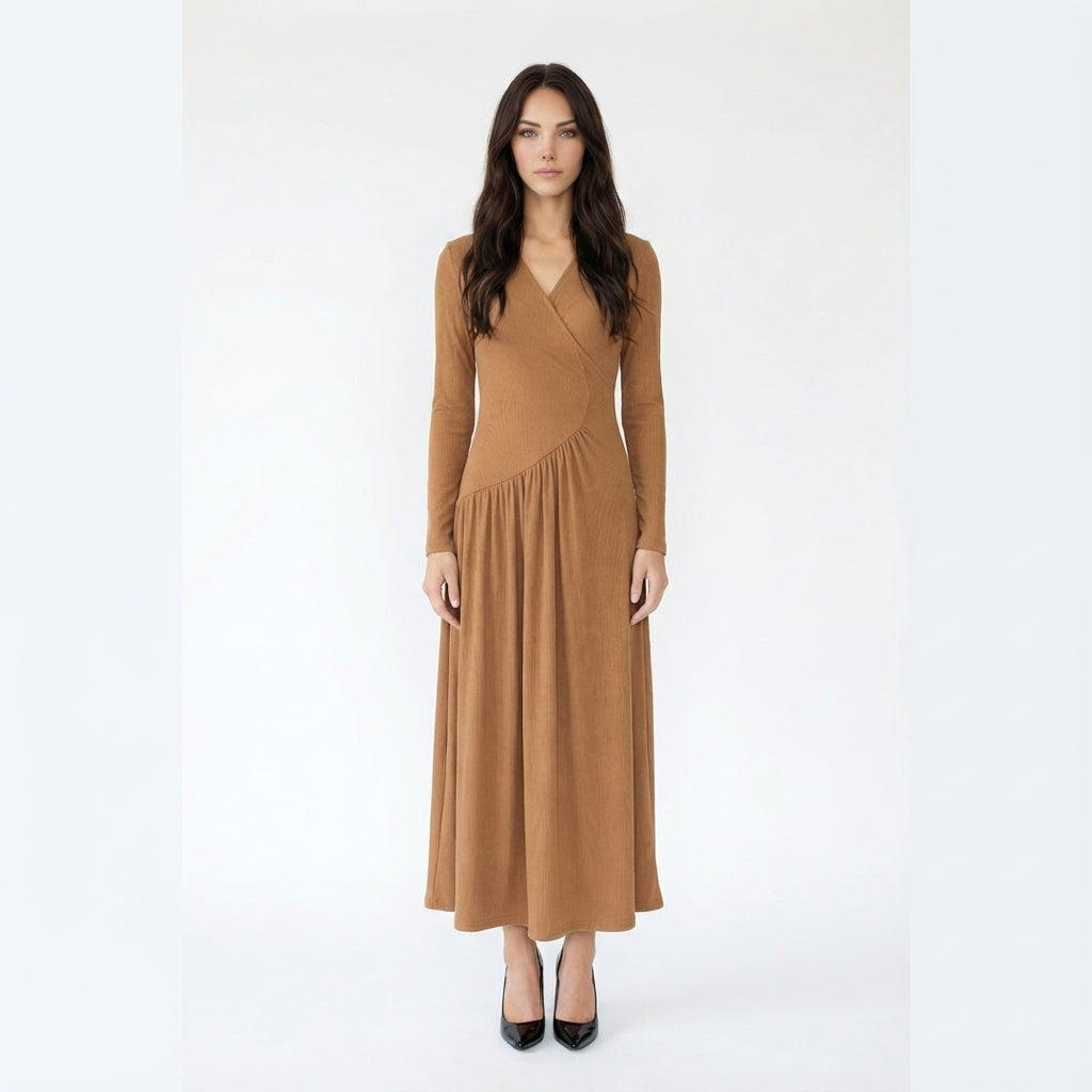 Ribbed Long Sleeve Maxi Dress with Asymmetric Ruched Waist