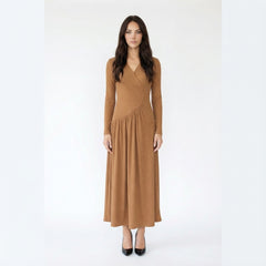Ribbed Long Sleeve Maxi Dress with Asymmetric Ruched Waist