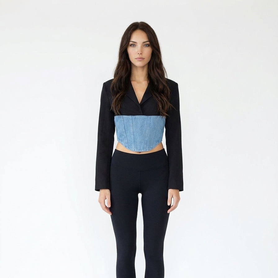 Cropped Blazer with Integrated Denim Corset Waist Detail
