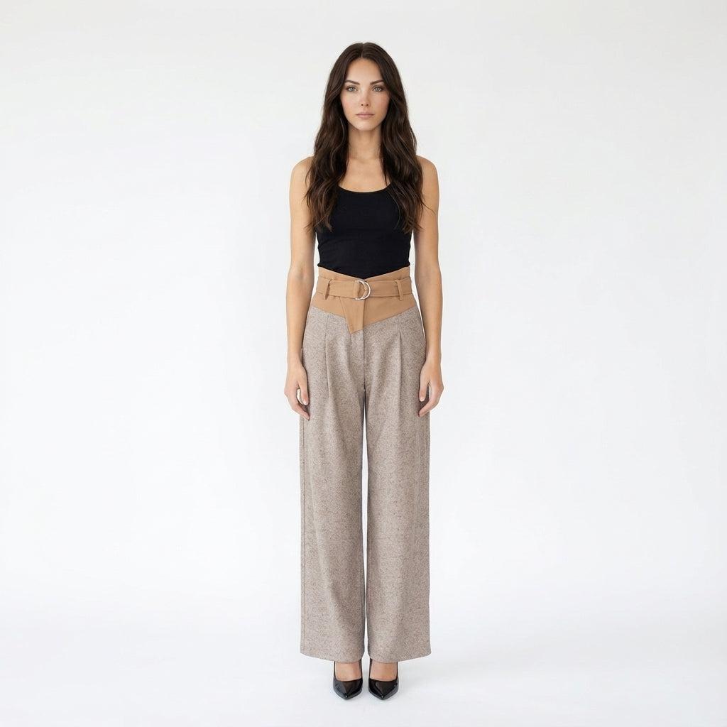 High-Waist Wide-Leg Trousers with Integrated Belted Overlay