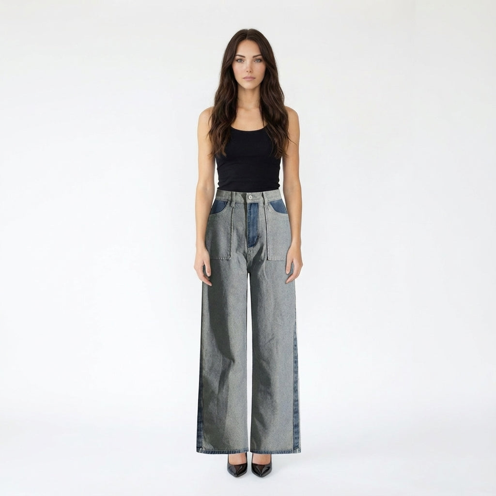 High-Waist Two-Tone Straight Leg Wide Leg Jeans