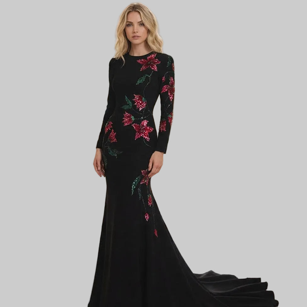 Embellished Floral Long Sleeve Column Maxi Dress