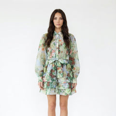 Tiered Floral Long Sleeve Shirt Dress with Belt