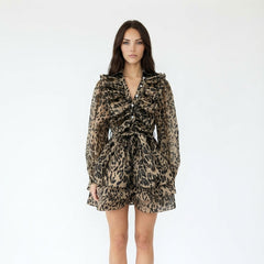 Leopard Print Ruffled Mini Shirt Dress
