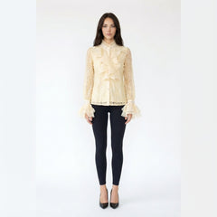 Embellished Lace Blouse with Layered Ruffle Trim and Flared Cuffs