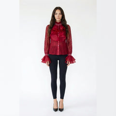 Embellished Lace Blouse with Layered Ruffle Trim and Flared Cuffs