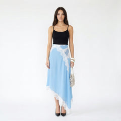 Asymmetric Chiffon Midi Skirt with Contrast Lace Insets