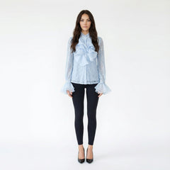 Embellished Lace Blouse with Layered Ruffle Trim and Flared Cuffs