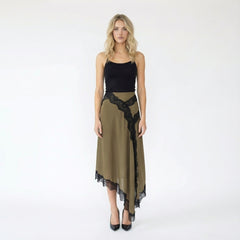 Asymmetric Chiffon Midi Skirt with Contrast Lace Insets