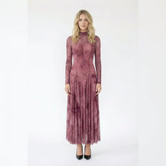 Mock-Neck Sheer Mesh Floral Print Midi Dress