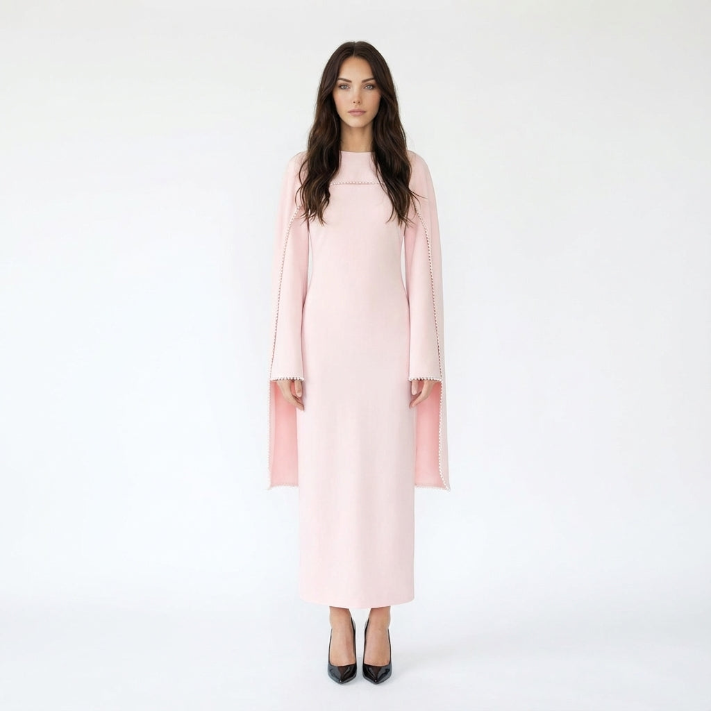 Pearl-Trimmed Cape-Sleeve Column Maxi Dress