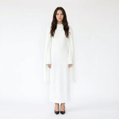 Pearl-Trimmed Cape-Sleeve Column Maxi Dress