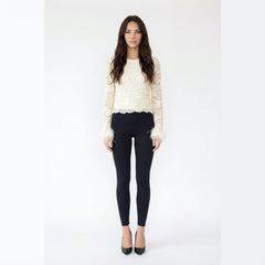 Long-Sleeve Floral Lace Top with Feather-Trimmed Cuffs