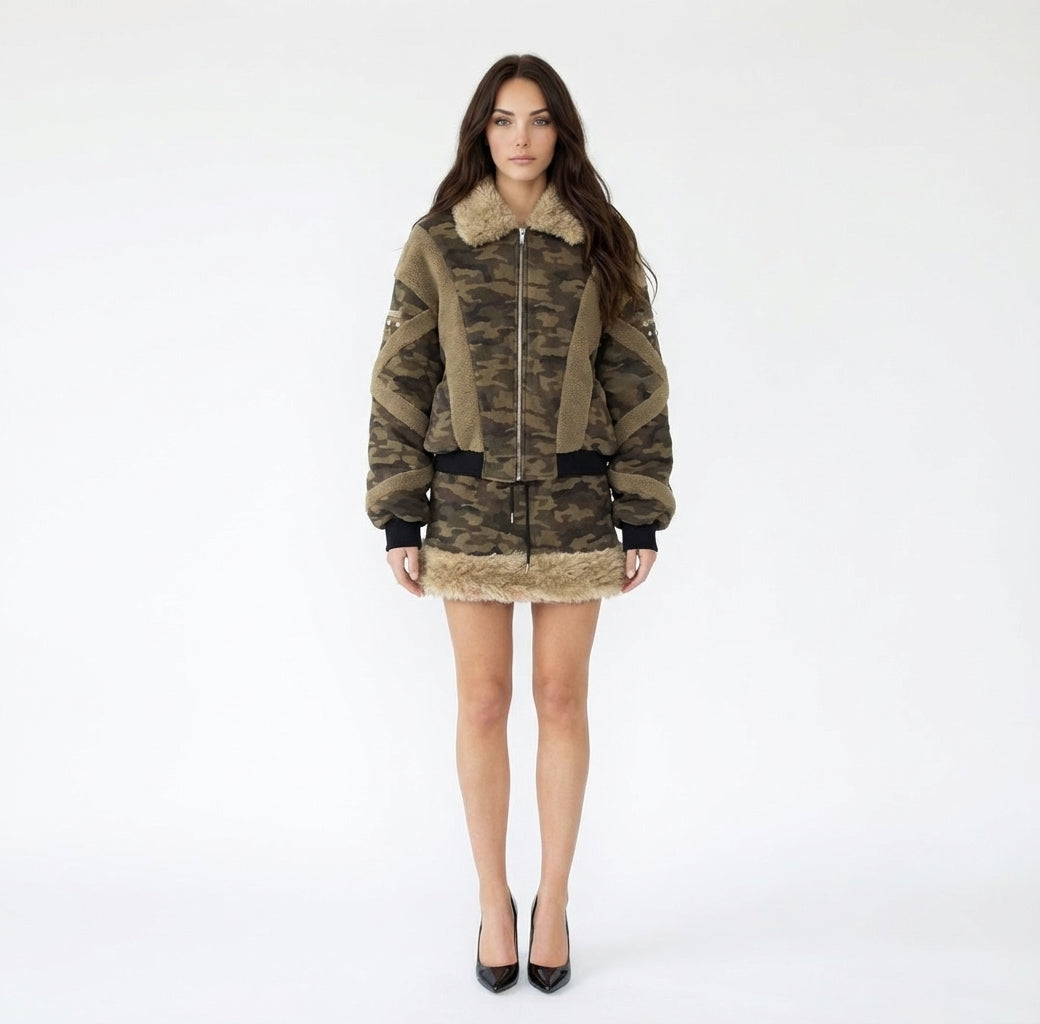 Camo Print Bomber Jacket and Mini Skirt Set