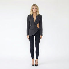 Asymmetric Cut-Out Blazer with Belted Waist Detail