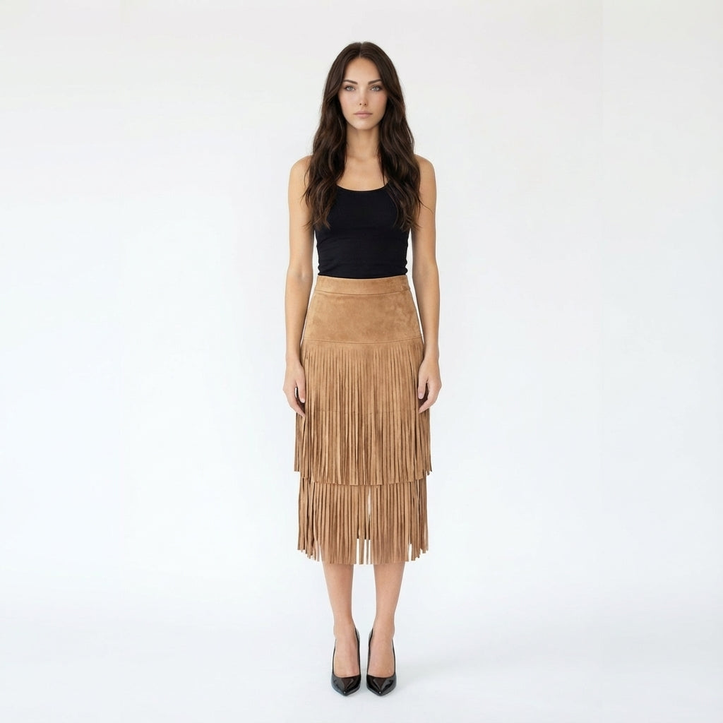 Tiered Suede Fringe Midi Skirt