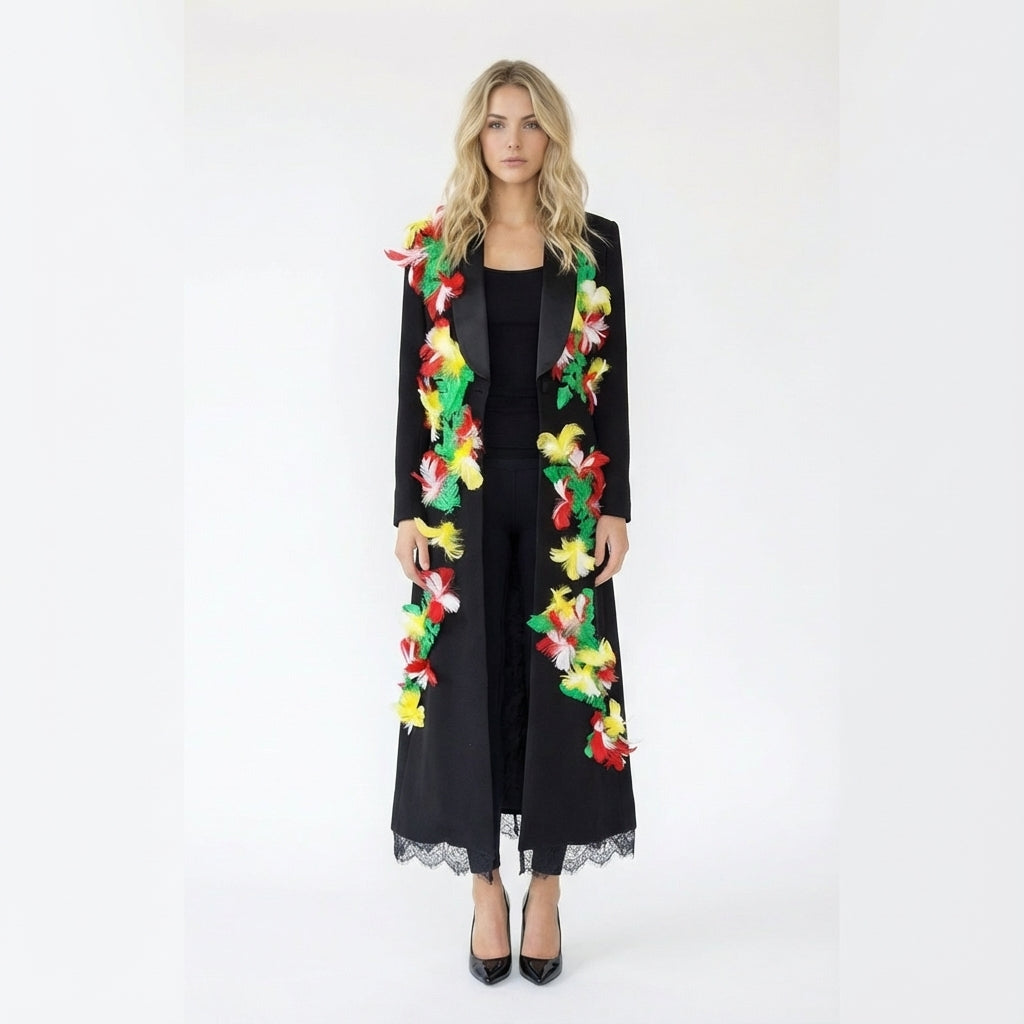 Multicolor Feather-Embellished Longline Coat