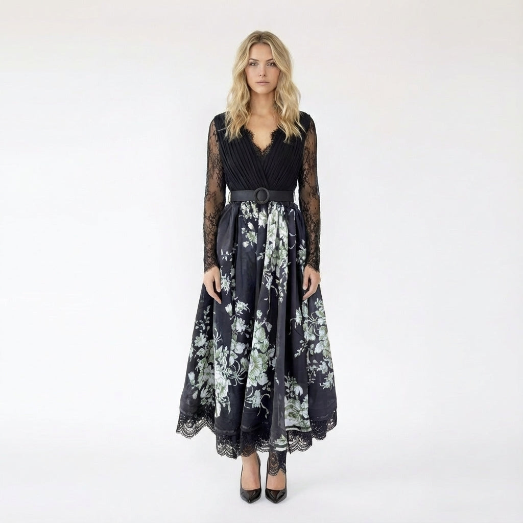 V-Neck Floral Print Maxi Dress with Lace Trim and Belt